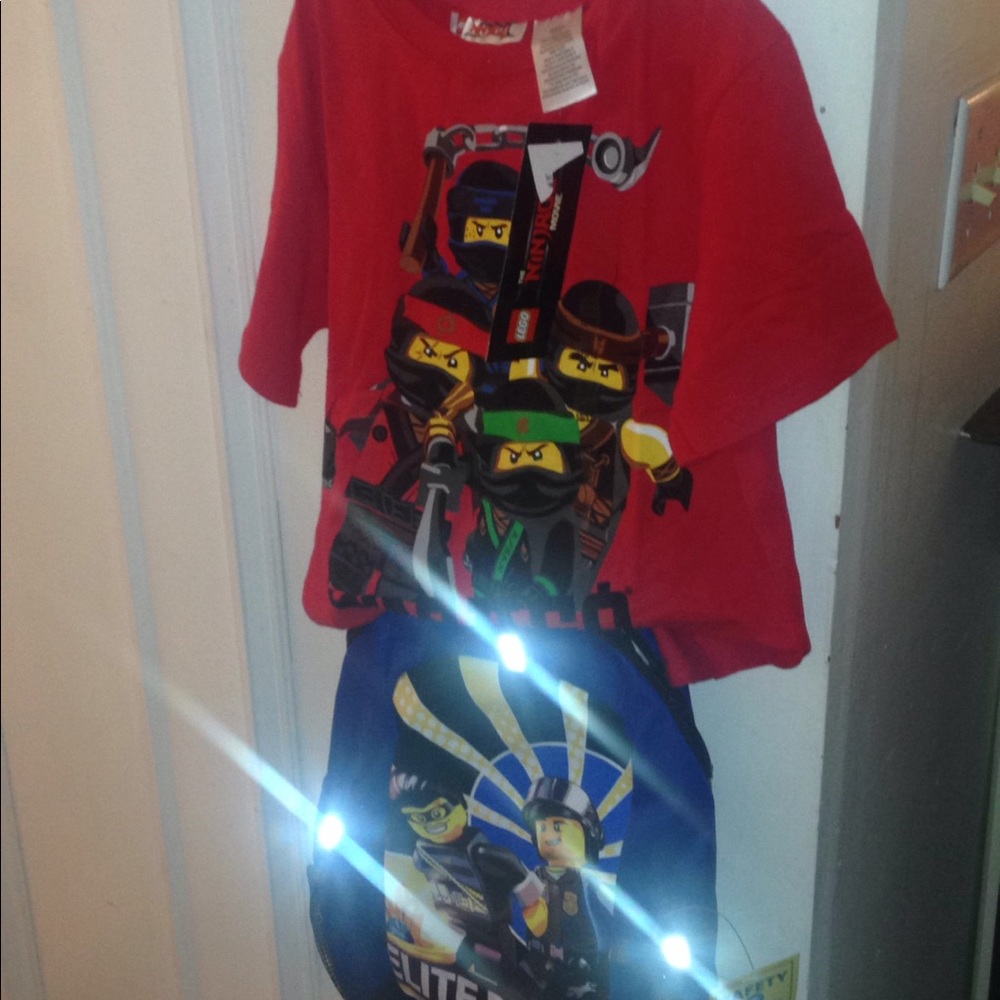 Size 10/12 red ningago shirt,blue Lego backpack